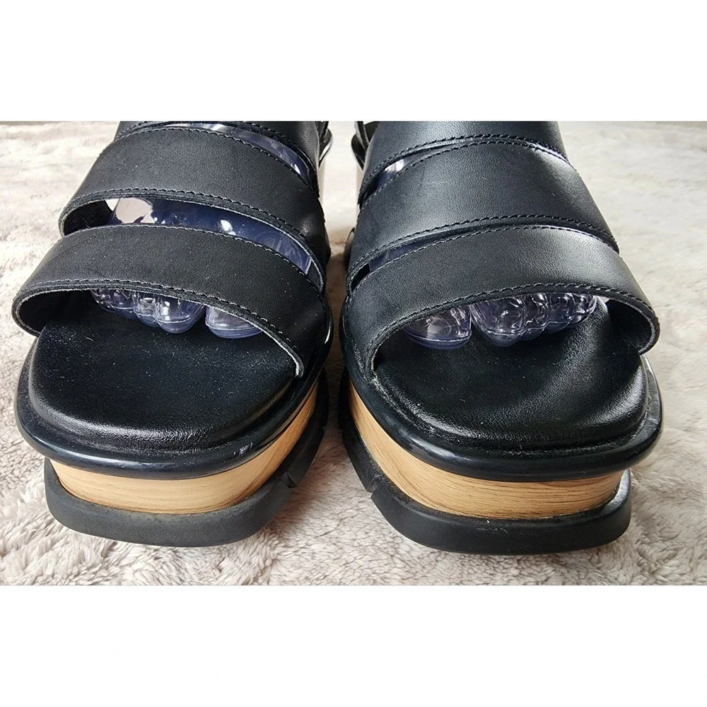 Sorel Joanie III Black Ankle Strap Leather Wedge Sandals Womens 8.5 1986121010